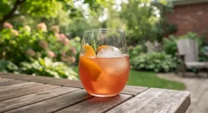 Versatile stemless wine glass used for serving a mixed cocktail in a home setting.