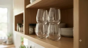 Space-saving stemless wine glasses stacked neatly in a kitchen cabinet.