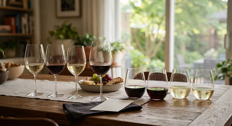 Comparison of traditional stemmed wine glasses and modern stemless tumblers on a wooden table. stemmed vs stemless wine glasses