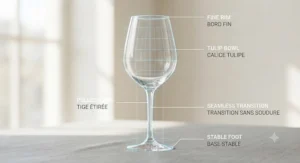 Detailed diagram highlighting the fine rim, pulled stem, and broad bowl of premium crystal stem wine glasses.