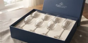 A boxed set of luxury stemmed wine glasses presented as a popular Canadian wedding registry gift / Coffret-cadeau de verres à vin à pied de luxe offert pour un mariage au Canada.