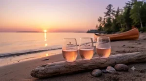 Elegant outdoor wine glasses catching the glow of a sunset.