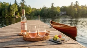 Pair of outdoor wine glasses on a wooden Muskoka cottage dock.