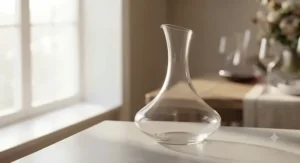 Artisanal Zalto hand-blown decanter beside a set of wine glasses.