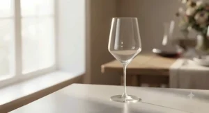 Delicate Zalto white wine glass reflecting light on a dark surface.