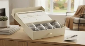Affordable casual stemless wine glasses for everyday use displayed in a ready-to-wrap gift box for housewarmings.