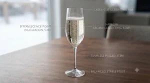 Detailed diagram illustrating a crystal stem champagne glass, emphasizing how the narrow bowl preserves effervescence for celebrations across Canada.