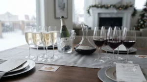 Bilingual English and French infographic matching crystal stem champagne glasses vs wine glasses to formal Canadian dining and celebration occasions.