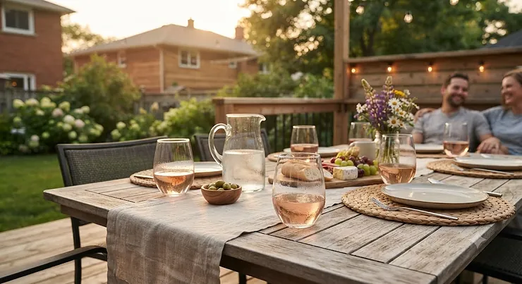 Casual stemless wine glasses for everyday use set up on an outdoor patio table during a Canadian summer evening.