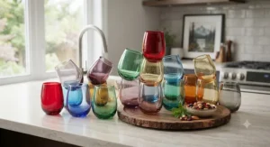 A colourful collection of glass stemless wine glasses adding vibrancy to a kitchen counter