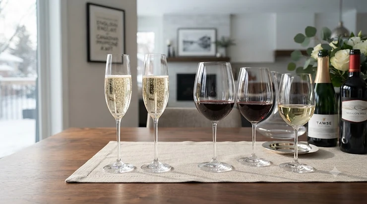 Crystal stem champagne glasses vs wine glasses displayed side by side on a Canadian dining table, highlighting differences in bowl shape and stem design for sparkling and red wines.