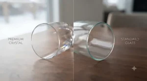 Illustration comparing crystal stem champagne glasses vs wine glasses, showing light refraction and thin rim profiles popular in Canadian home glassware collections.