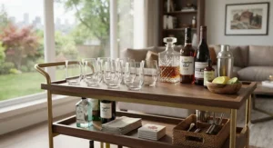 Practical dishwasher safe stemless wine glasses lined up neatly on a home bar cart