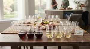A set of modern, dishwasher-safe stemless wine glasses, convenient for hosts planning a large gathering.
