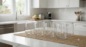 Durable casual stemless wine glasses for everyday use arranged neatly on a modern Canadian kitchen counter.