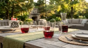 A set of durable, modern stemless wine glasses suitable for casual outdoor entertaining on a Canadian patio.