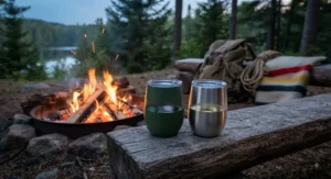 A close-up of durable travel stemless wine glasses for camping placed near a crackling campfire in the Canadian wilderness.
