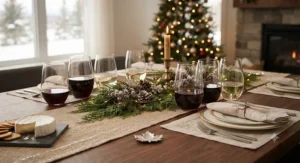 Elegant modern stemless wine glasses set displayed with festive decor for Canadian holiday hosting.