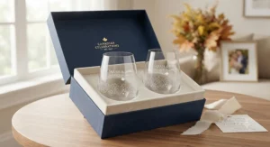 Elegantly engraved stemless wine glasses inside a gift box, ideal for weddings and anniversaries in Canada