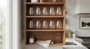Large capacity stemless wine glasses organized neatly on a kitchen shelving unit