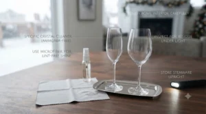 Care and maintenance guide icons for high-end crystal stem champagne glasses vs wine glasses, tailored for Canadian household dishware upkeep.