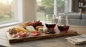 Modern casual stemless wine glasses for everyday use paired with a Canadian artisan cheese and charcuterie board.