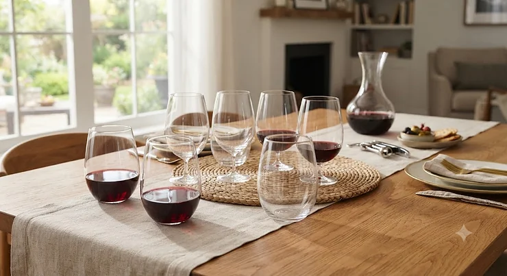 A sleek modern stemless wine glasses set arranged on a wooden table, perfect for entertaining guests at home. modern stemless wine glasses set for entertaining