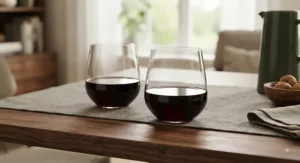 Modern tumbler style wine glasses designed for full-bodied red wines on a wooden table