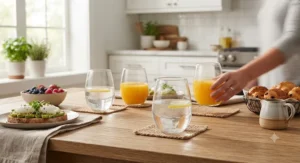 Versatile casual stemless wine glasses for everyday use holding water and juice for a casual brunch.