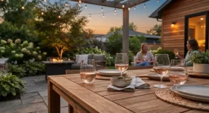 Modern shatterproof stemless wine glasses displayed on a backyard patio table during a Canadian summer evening.