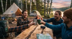 Friends sharing a toast with portable travel stemless wine glasses for camping at a campsite in Quebec.