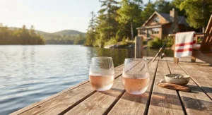 Shatterproof stemless wine glasses resting on a wooden dock at a Canadian cottage, ideal for lakeside relaxation.
