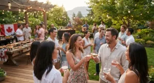 A festive outdoor gathering featuring guests using shatterproof stemless wine glasses for safety and style.