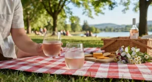 Close-up of shatterproof stemless wine glasses set up for a summer picnic in a Canadian park.