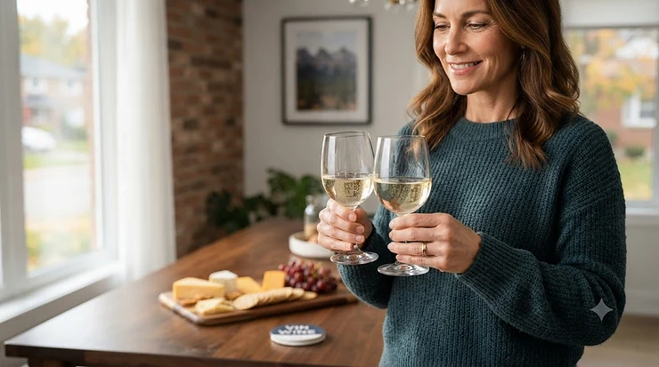 A stylish set of short stem wine glasses for small hands displayed on a Canadian oak dining table, ideal for comfortable home entertaining from coast to coast. / Ensemble de verres à vin à pied court pour petites mains sur une table en bois, parfaits pour recevoir partout au Canada.