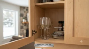 Illustration of compact short stem wine glasses for small hands fitting easily into small kitchen cabinets and Canadian cottage or RV cupboards.
