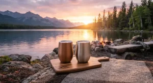 Stainless steel travel stemless wine glasses for camping sitting by a serene Canadian lake at sunset.