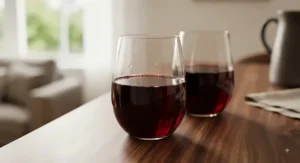 A close-up view of stemless tumbler style wine glasses filled with deep red wine