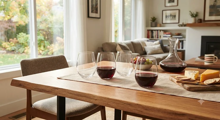 A set of crystal stemless wine glasses displayed on a modern wooden dining table in a Canadian home
