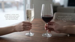 Graphic demonstrating proper stem holding techniques for crystal stem champagne glasses vs wine glasses to maintain optimal serving temperatures during Canadian dinner parties.