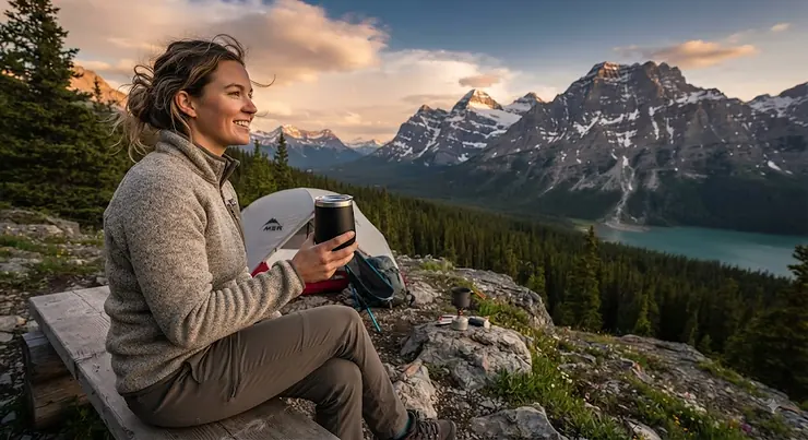 A person holding a durable travel stemless wine glass while enjoying the view of the Alberta Rockies during a camping trip.
