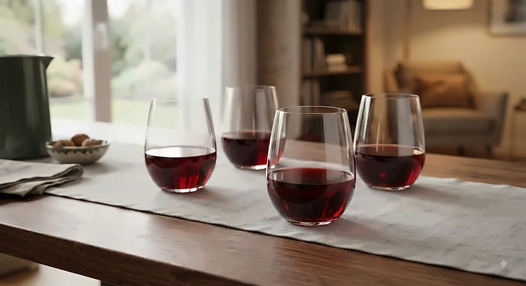 A set of elegant stemless tumbler style wine glasses perfect for serving red wine at home