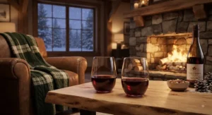Tumbler style wine glasses for red wine placed near a fireplace for a cozy Canadian winter setting
