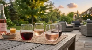 Durable plastic stemless wine glasses on an outdoor patio table during a summer evening in Canada