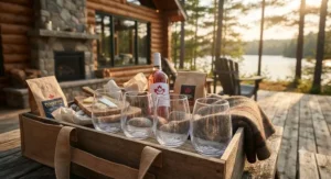 Shatter-resistant casual stemless wine glasses for everyday use packed for a cozy Canadian cottage weekend getaway.