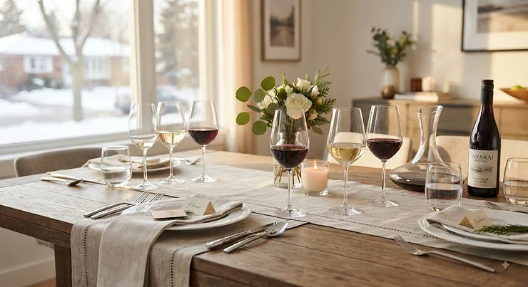 A modern universal wine glasses set displayed on a dining table ready for entertaining guests in Canada.