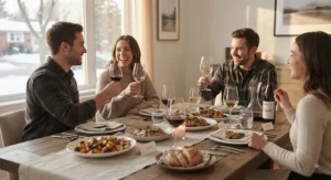Friends enjoying a dinner party with a universal wine glasses set filled with wine in a Canadian home.