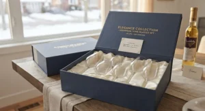 A boxed universal wine glasses set presented as a thoughtful gift for weddings or housewarmings in Canada.