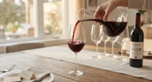 Red wine being poured into a piece from a universal wine glasses set designed for versatile tasting notes.