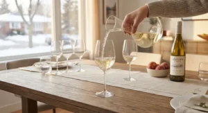 Crisp white wine being poured into an elegant glass from a universal wine glasses set.